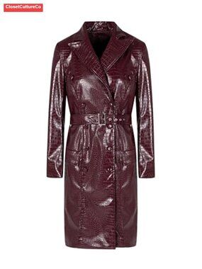 Faux Leather Trench Coat Belted Notch Lapel Knee Length